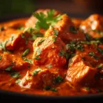 A step-by-step image showing the creamy butter chicken sauce simmering in a black Dutch oven, just before adding the chicken.