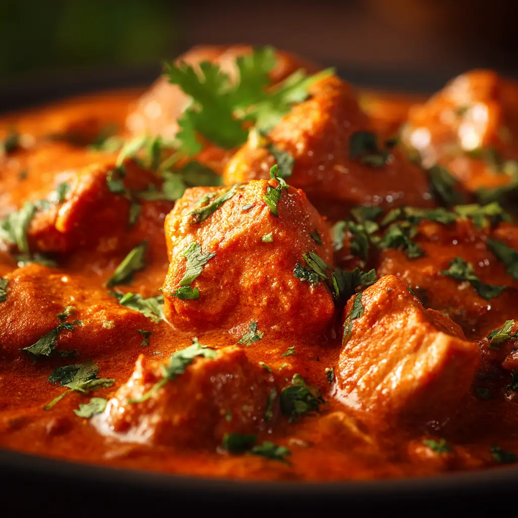A step-by-step image showing the creamy butter chicken sauce simmering in a black Dutch oven, just before adding the chicken.