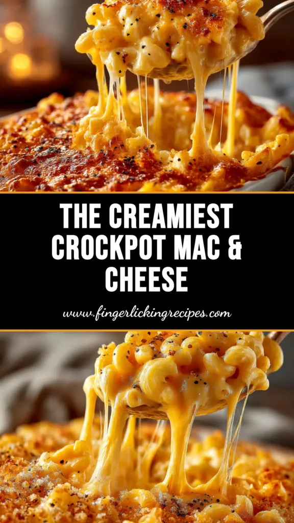 A large white serving bowl filled with creamy crockpot mac and cheese, garnished with fresh parsley. The texture is visibly rich and cheesy.