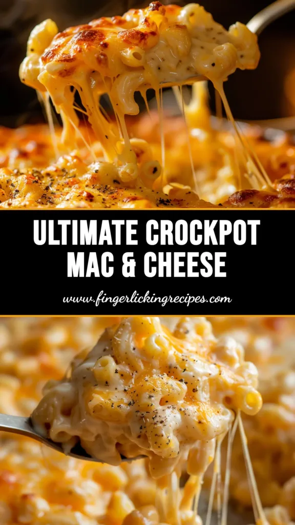 A close-up shot of creamy Crockpot Mac and Cheese in a white bowl, garnished with fresh parsley. The texture is rich and cheesy, showcasing the final result of the easy slow cooker recipe.