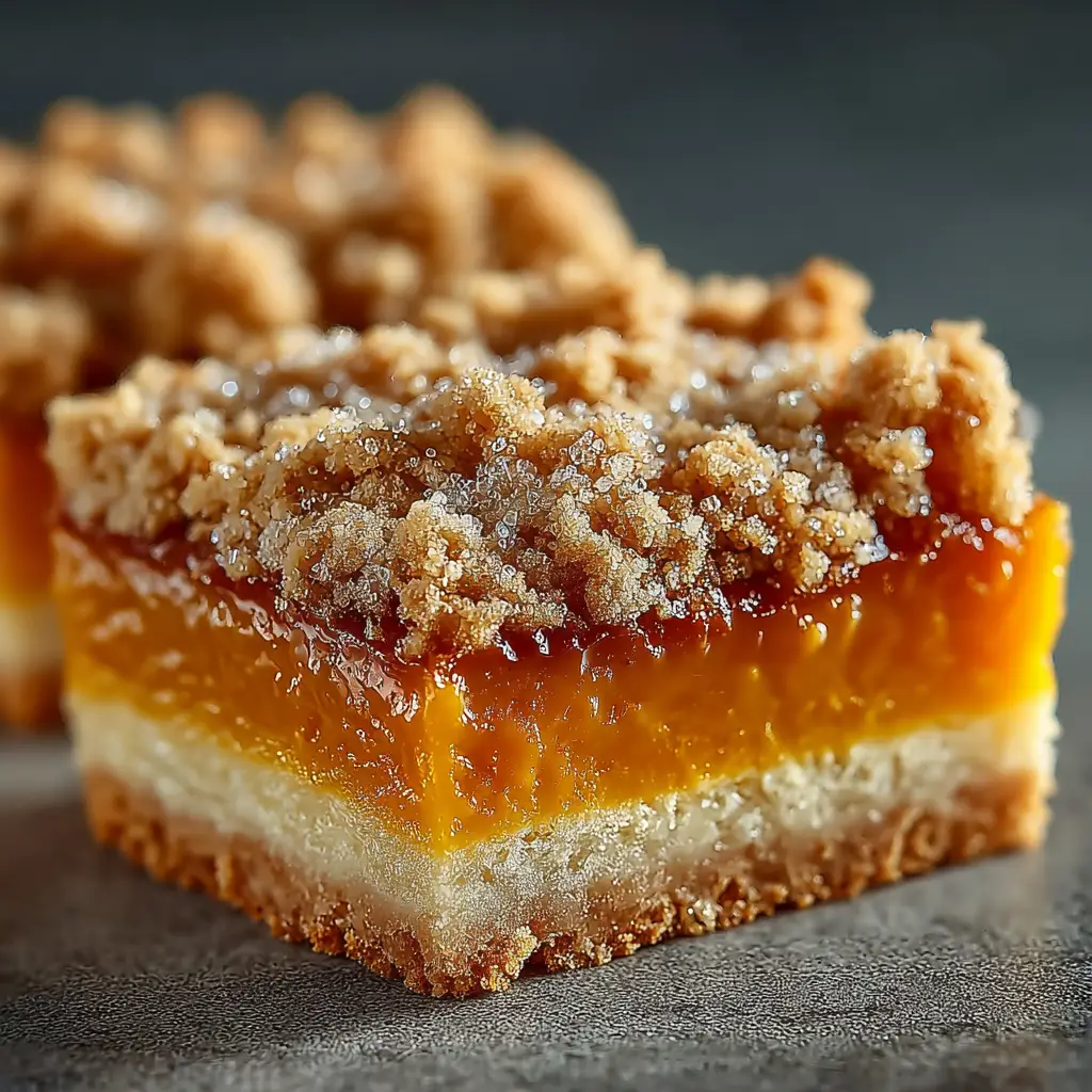 A close-up shot of a single pumpkin pie bar on a plate, showcasing its smooth, custardy filling and tender shortbread crust.