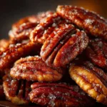 A close-up shot of crispy crockpot candied pecans piled in a white ceramic bowl, ready for serving.