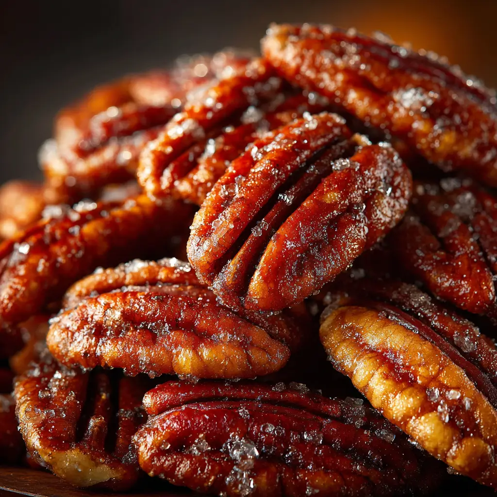 A close-up shot of crispy crockpot candied pecans piled in a white ceramic bowl, ready for serving.