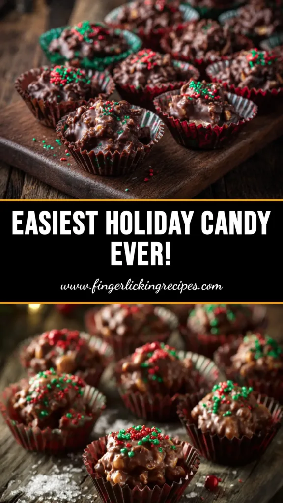 Crockpot Christmas Candy (The Easiest Holiday Treat!) 5 A close-up of festive Crockpot Christmas Candy clusters on parchment paper. The chocolate peanut clusters are topped with red and green sprinkles, showcasing an easy holiday treat.