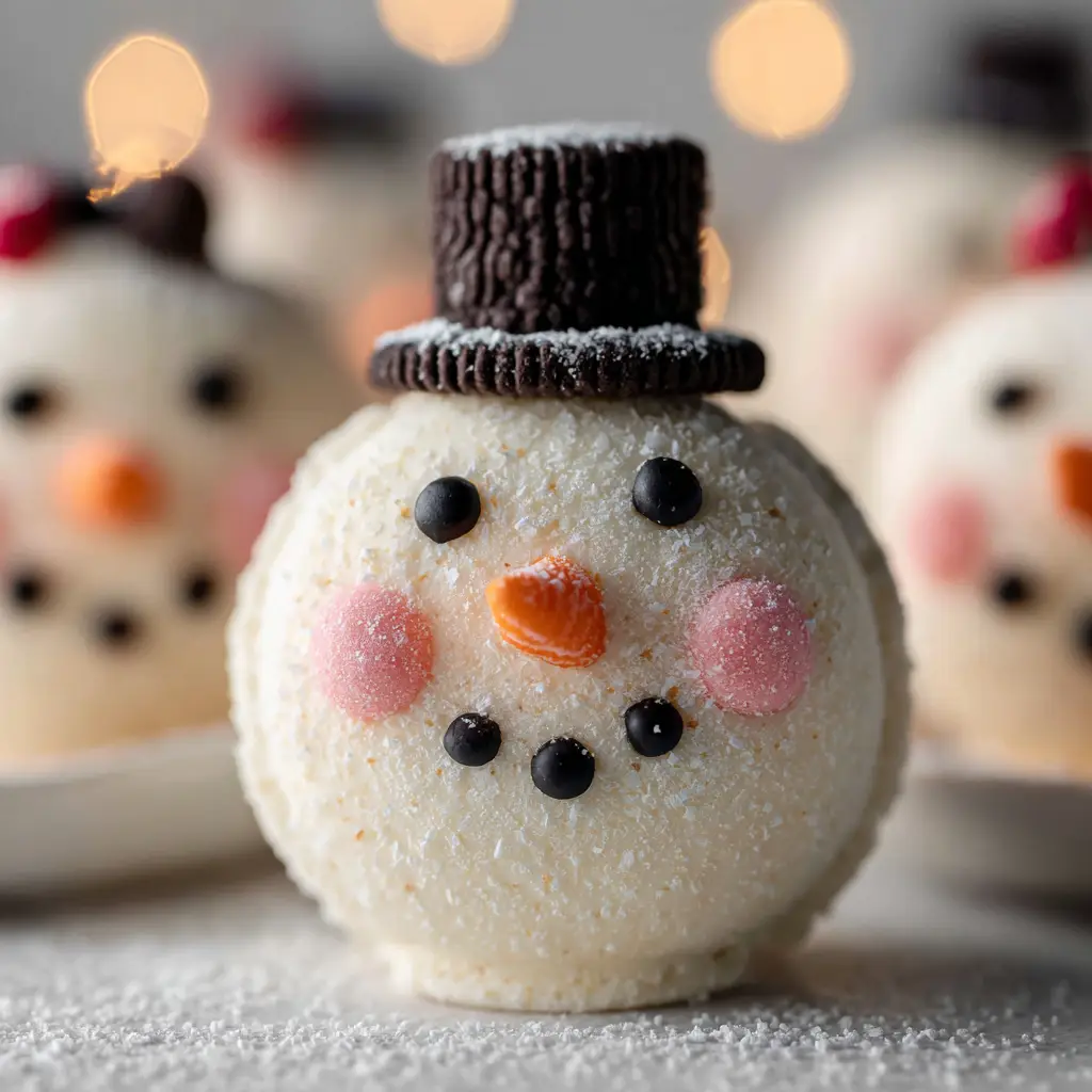 Snowman Oreo Balls (Easy No-Bake Christmas Treat) 2 A close-up of a hand decorating the no-bake snowman truffles after they have been dipped in white chocolate, carefully placing a mini chocolate chip for a button.