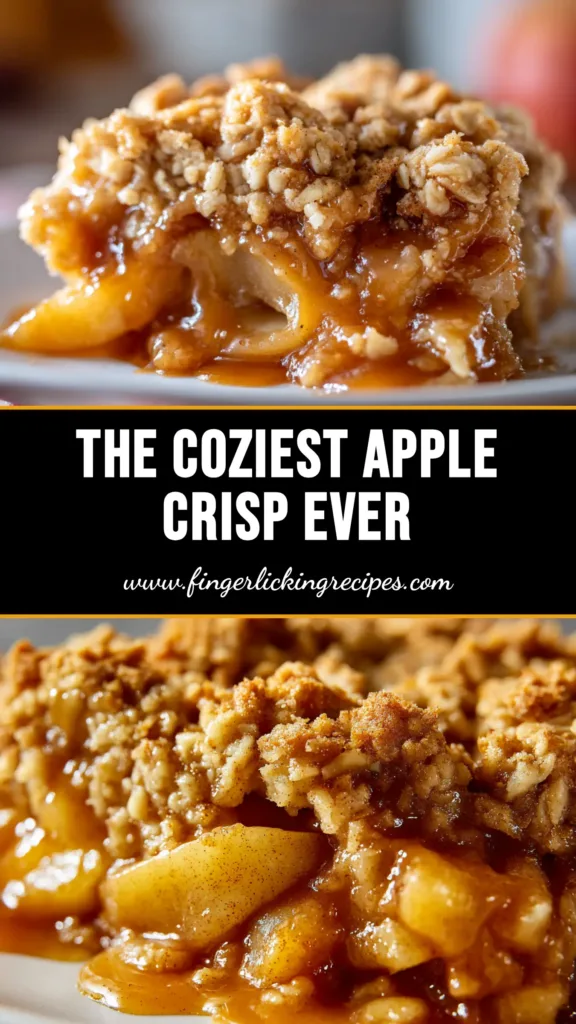An easy apple crisp recipe with a crunchy oat topping served in a white baking dish with a scoop of vanilla ice cream.