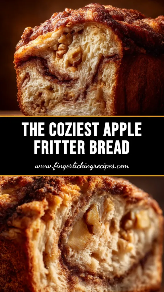 Apple Fritter Bread: The Easiest Recipe You'll Ever Make 4 A glazed loaf of apple fritter bread on a wooden board with a slice cut out, showing the cinnamon apple swirl inside. The perfect easy apple fritter bread recipe.