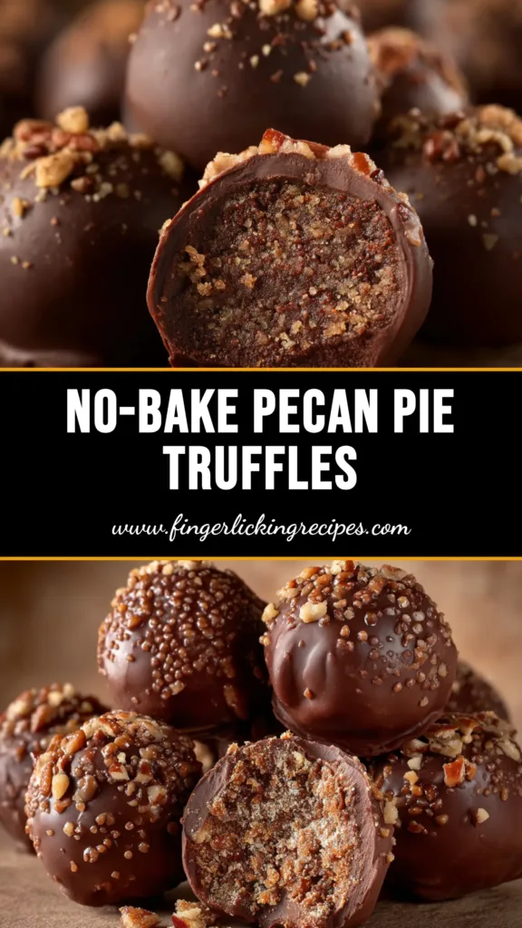 A close-up of decadent Pecan Pie Truffles arranged on a plate, with a rich chocolate coating and chopped pecan garnish. A perfect no-bake holiday dessert.