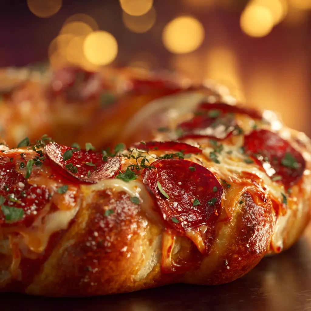Christmas Pizza Wreath: The Ultimate Festive Appetizer 2 A close-up of the golden-baked Christmas Pizza Wreath, showing the melted mozzarella cheese and pepperoni tucked inside the flaky crescent roll crust.