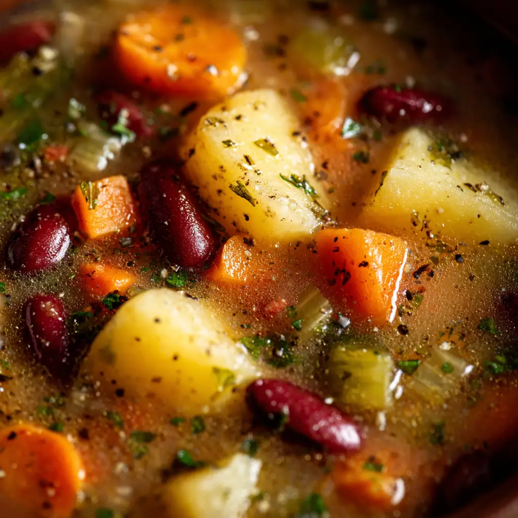 A close-up shot of the finished creamy potato and bean soup in a large pot, with chunks of potato and whole cannellini beans visible.