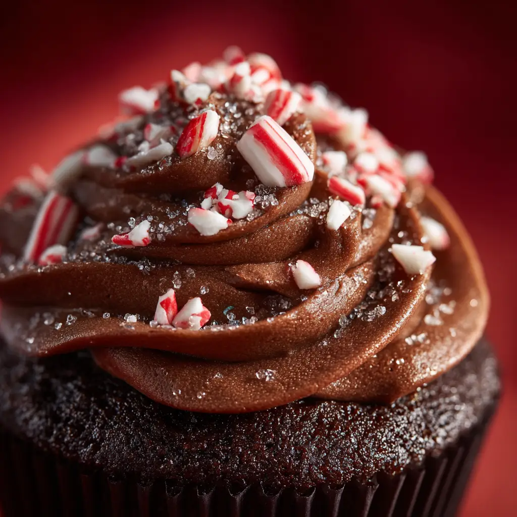 Peppermint Mocha Cupcakes: The Ultimate Holiday Treat 2 A baker piping creamy white peppermint frosting onto a dark chocolate mocha cupcake before adding toppings.