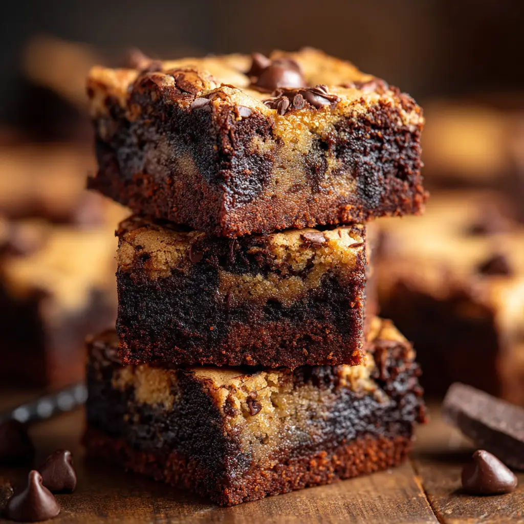 A close-up shot of a fudgy chewy brookie bar being lifted from a baking pan, highlighting its gooey, chocolatey texture.