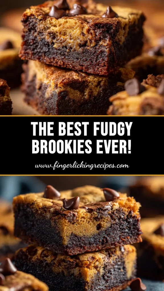 A stack of fudgy chewy brookies on a white plate, showing the distinct brownie and chocolate chip cookie layers. The perfect brownie cookie bar recipe.