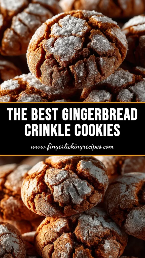 A plate of perfectly baked Gingerbread Crinkle Cookies, showing their deep brown color and beautiful white crackled powdered sugar topping, styled for a holiday setting.
