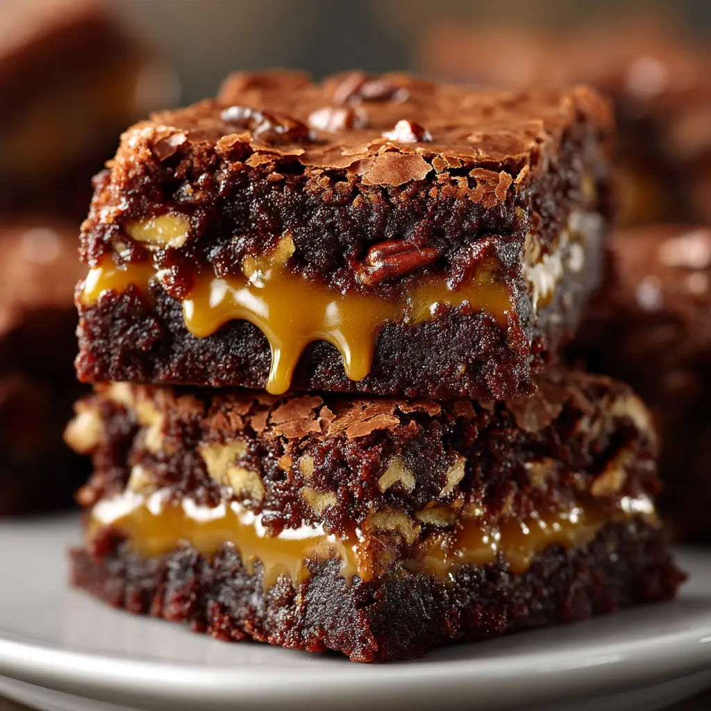 Caramel Pecan Brownies: The Ultimate Fudgy & Gooey Recipe 2 A close-up shot of a single caramel pecan brownie, showcasing the gooey caramel layer stretching from the brownie.