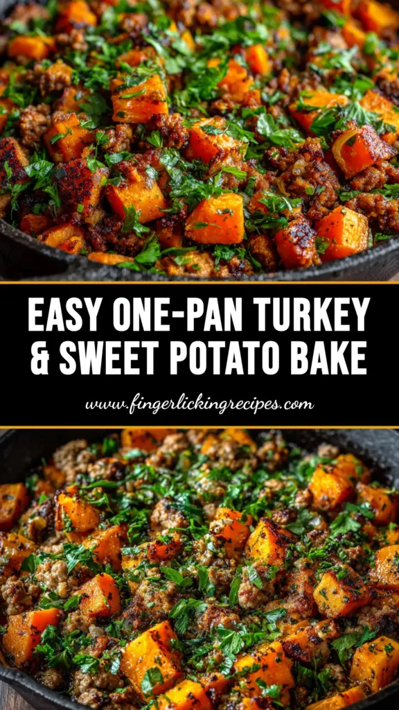 A top-down view of a delicious Ground Turkey Sweet Potato Bake in a cast-iron skillet, topped with melted cheese and fresh cilantro.