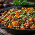 A close-up shot of the ground turkey and sweet potato mixture simmering in a skillet before being baked.