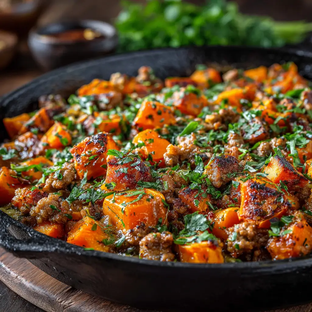 A close-up shot of the ground turkey and sweet potato mixture simmering in a skillet before being baked.