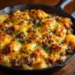 Ground Beef Potato Casserole (The Ultimate Comfort Meal) The ingredients for the hamburger potato casserole laid out, including sliced potatoes, ground beef, onion, and a block of cheddar cheese.