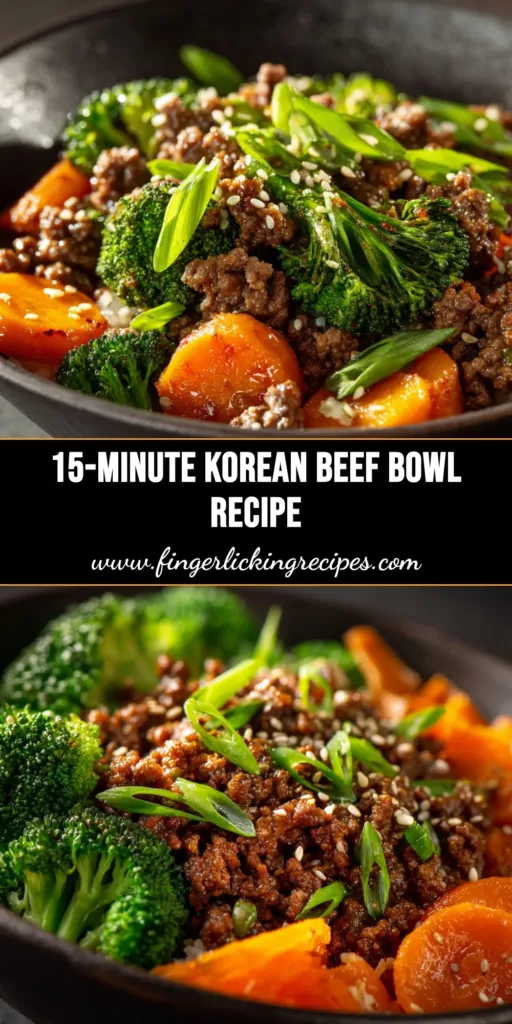 A delicious Korean ground beef bowl served over white rice in a white bowl, garnished with sesame seeds and green onions. The perfect easy weeknight dinner recipe.