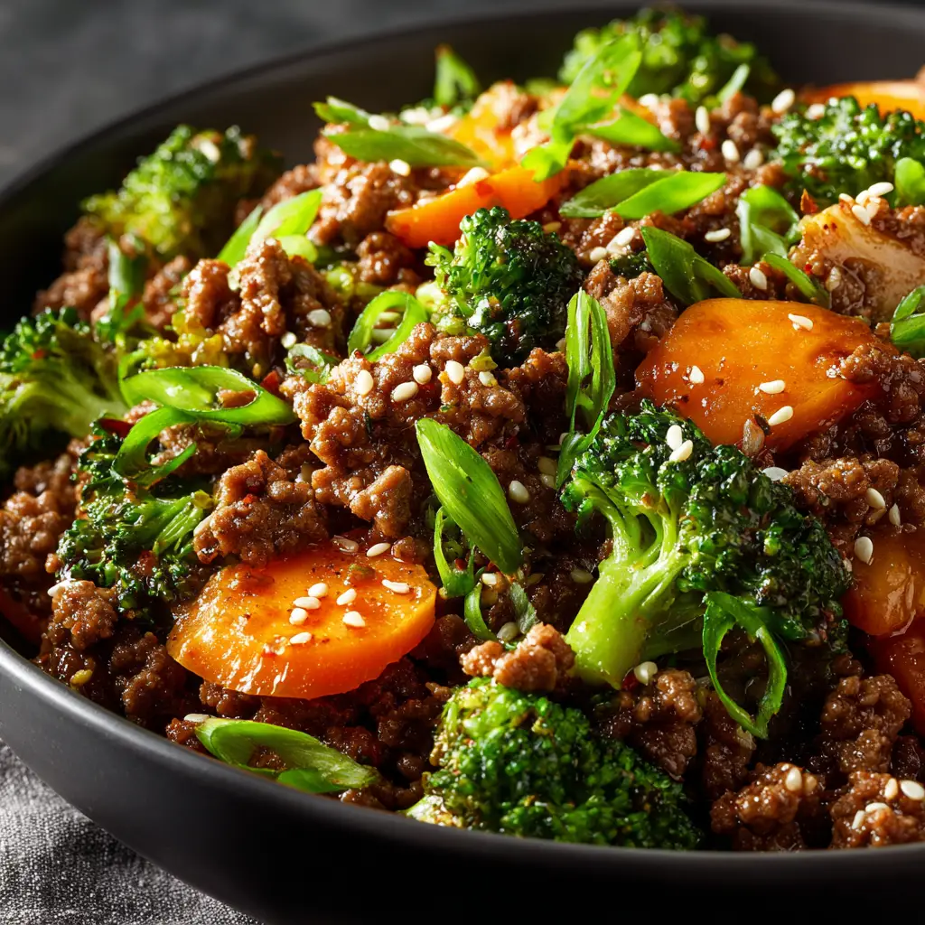 Two finished Korean ground beef bowls side-by-side, topped with fresh green onions and sesame seeds, ready to eat.