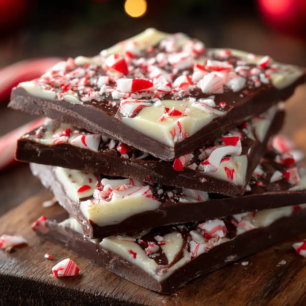 A close-up view showing the distinct, separate layers of dark and white chocolate in the homemade peppermint bark.