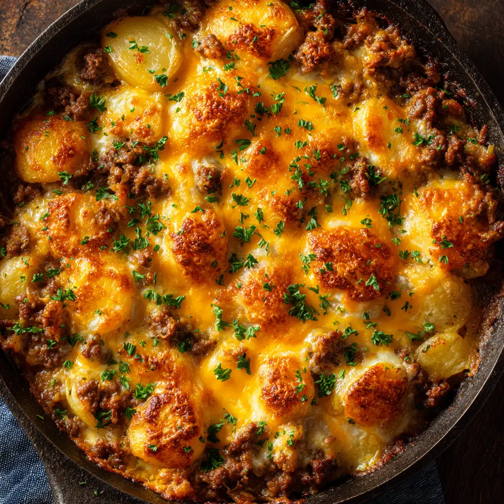 Ground Beef Potato Casserole (The Ultimate Comfort Meal) 2 The ground beef potato casserole assembled in a 9x13 baking dish before going into the oven, showing the layers of potatoes and creamy sauce.