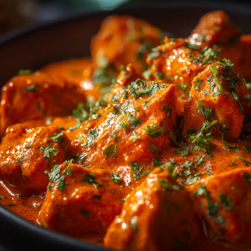 A close-up shot of tender, cooked chicken pieces being added to the signature makhani gravy for the final simmer.