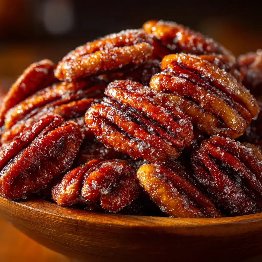 Pecans being coated in a cinnamon sugar mixture in a glass bowl before being transferred to the slow cooker.