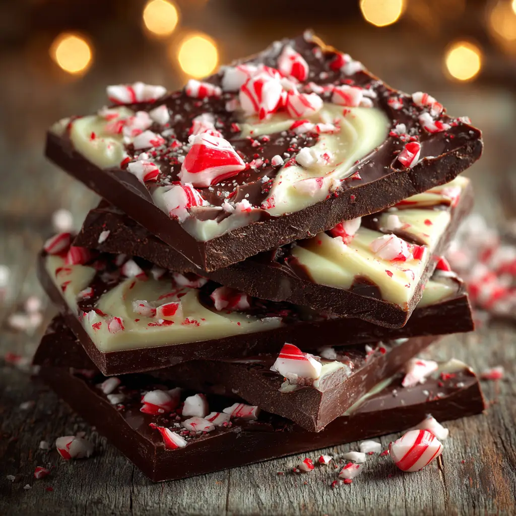 Crushed candy canes being sprinkled over melted white chocolate to make festive peppermint bark.