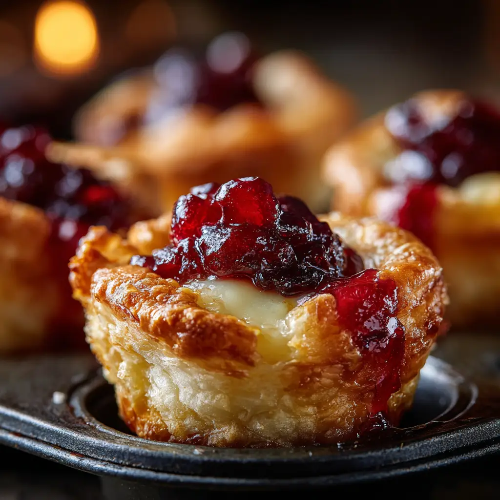 Cranberry brie bites being assembled in a mini muffin tin before baking, showing the process of filling the crescent dough cups.