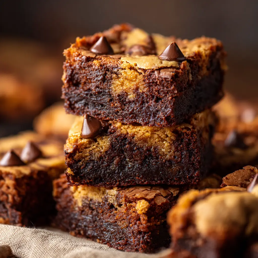 The process of layering chewy chocolate chip cookie dough on top of rich brownie batter in a baking pan before baking the Fudgy Chewy Brookies.