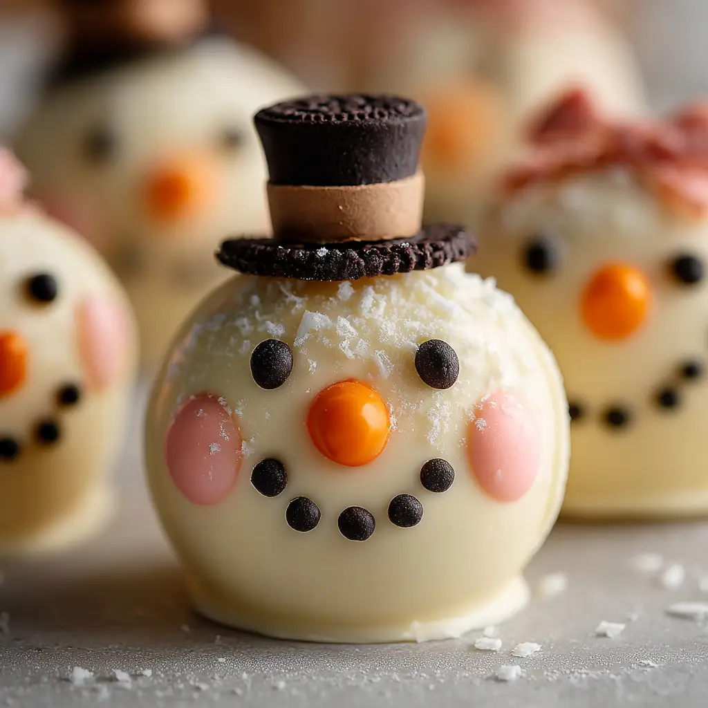 Snowman Oreo Balls (Easy No-Bake Christmas Treat) 3 Step-by-step process of making Oreo cream cheese balls, with a bowl of the mixed filling next to perfectly rolled truffles on a parchment-lined tray ready for chilling.