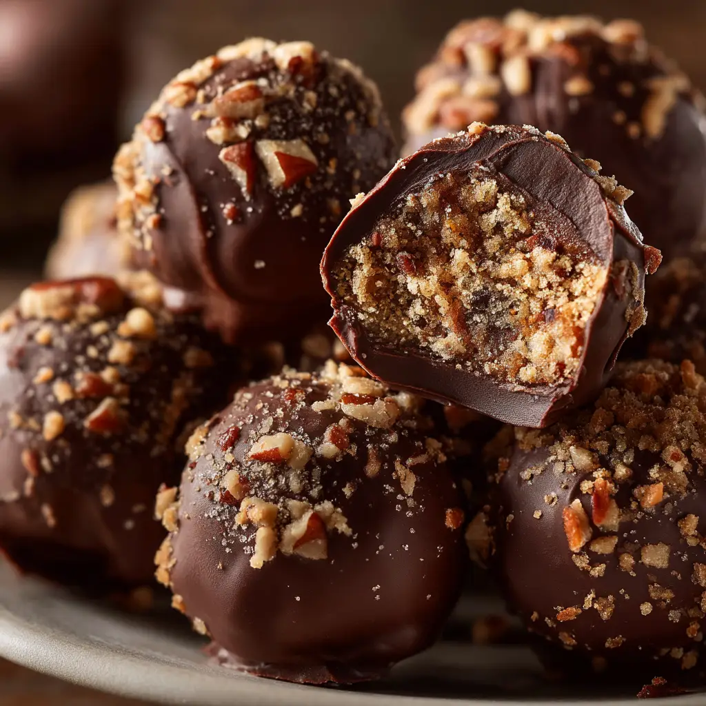 A step-by-step process shot showing pecan pie truffle filling being rolled into balls on a parchment-lined tray before being chilled.