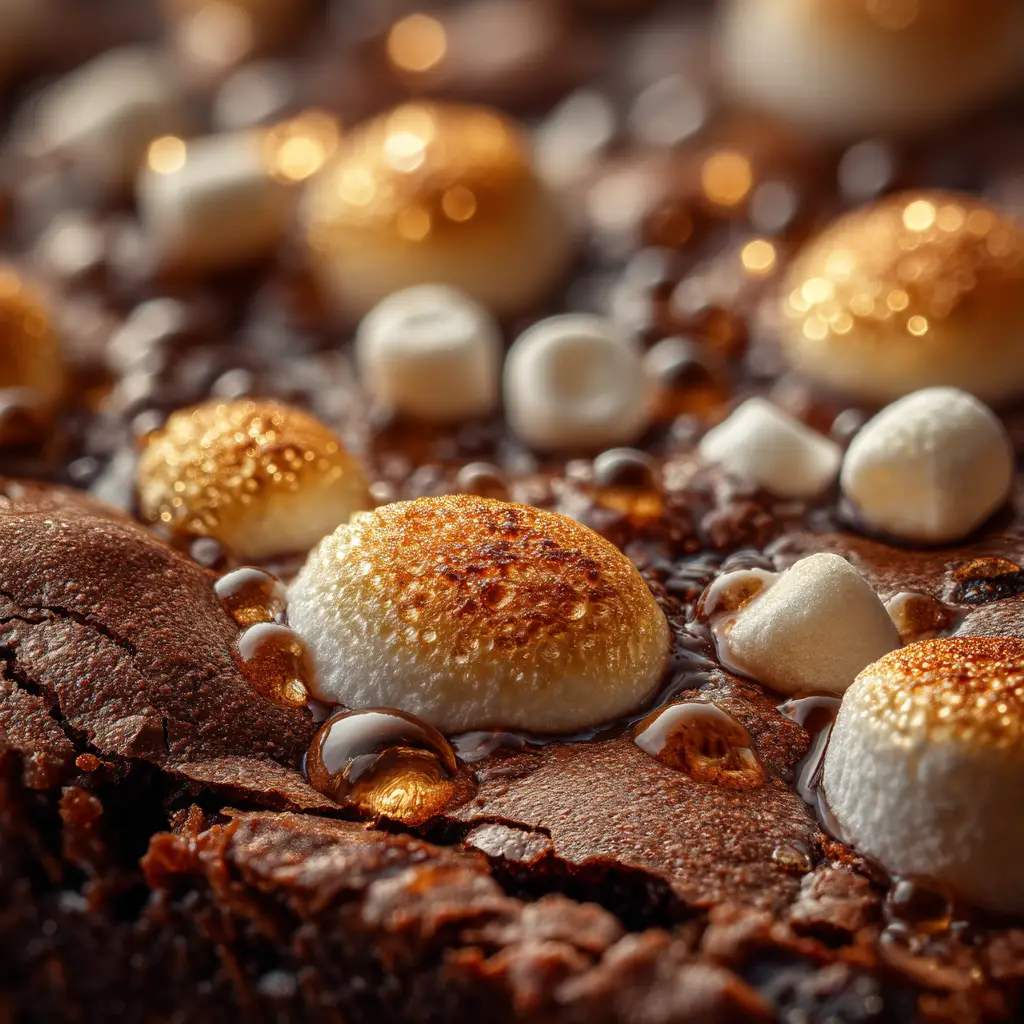 A pan of freshly baked hot chocolate brownies topped with a layer of golden-brown, toasted mini marshmallows.