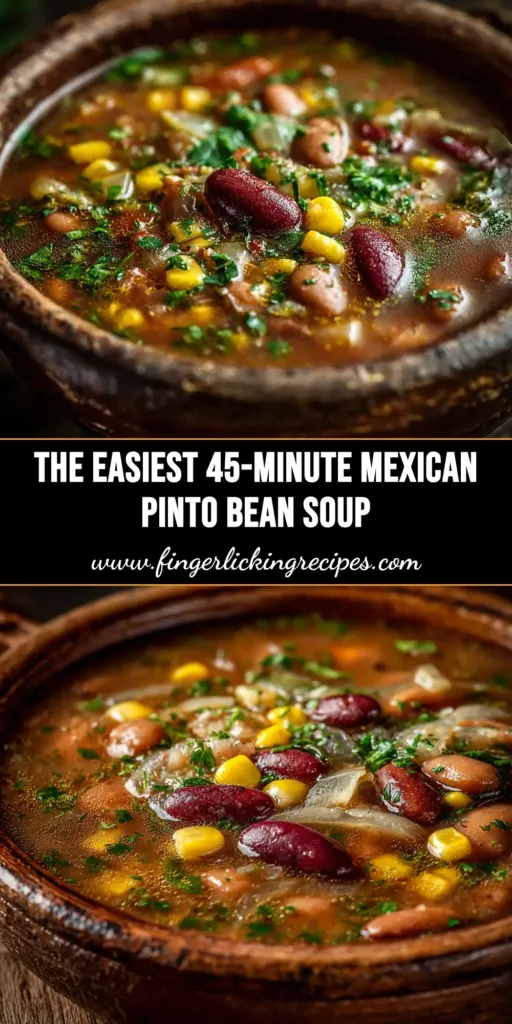 A top-down view of a bowl of hearty Mexican pinto bean soup, garnished with fresh cilantro, crumbled cheese, and a lime wedge on the side.