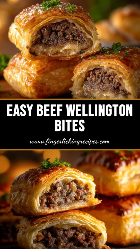 A platter of golden-brown mini beef wellington bites, garnished with fresh thyme, ready to be served as a party appetizer.