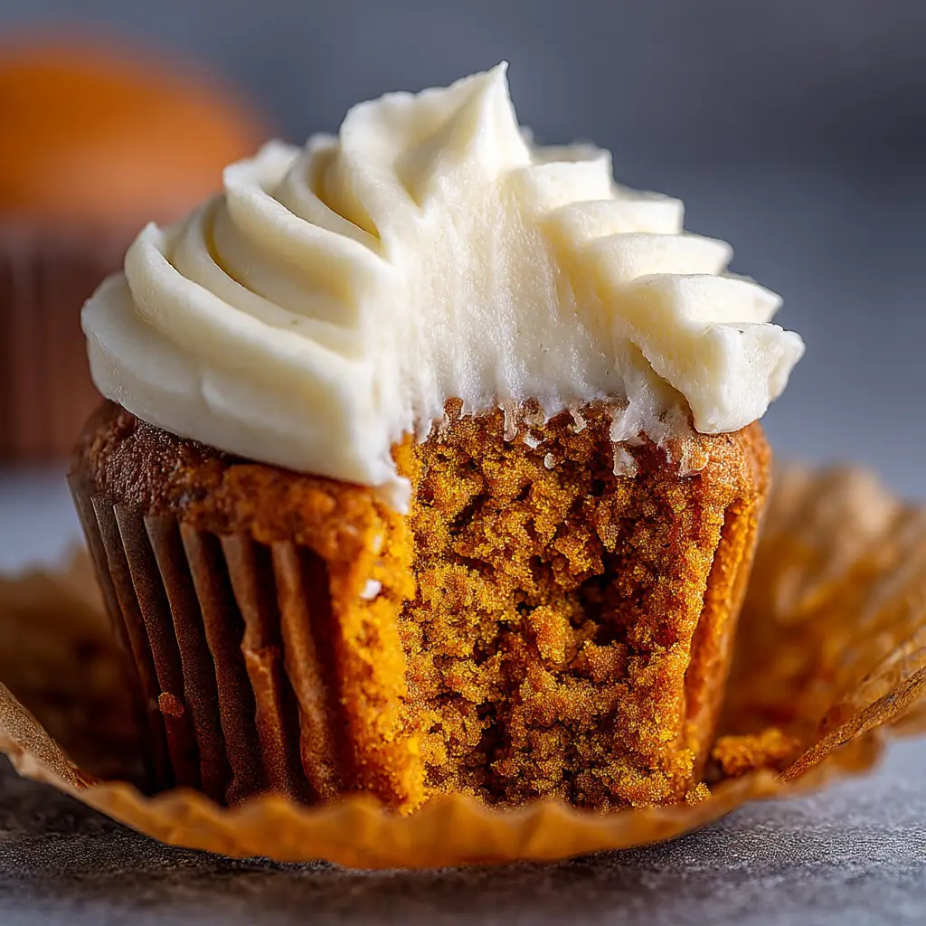 Pumpkin Spice Cupcakes with The Best Cream Cheese Frosting 3 A close-up shot of a perfectly baked, moist pumpkin cupcake before being frosted, showcasing its tender crumb and rich orange color.