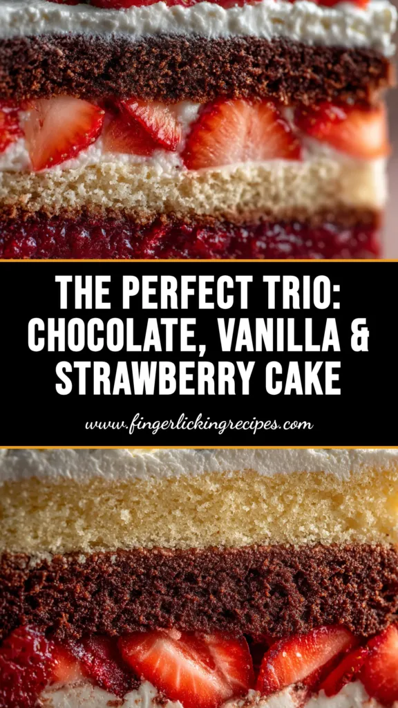 Neapolitan Cake: The Ultimate Recipe for Perfect Layers 5 A beautiful slice of Neapolitan Cake on a white plate, showcasing the distinct layers of chocolate, vanilla, and strawberry with creamy white frosting.