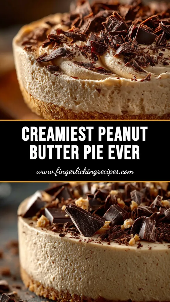 A perfect slice of no-bake peanut butter pie recipe on a white plate. The pie has a creamy filling, a dark Oreo crust, and is garnished with whipped cream and chocolate shavings.