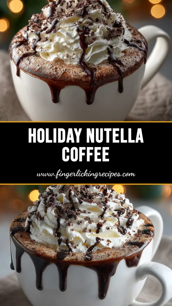 Nutella Coffee Recipe (Quick & Easy 5-Minute Treat) 5 A tall glass mug filled with a creamy Nutella Coffee Recipe, topped with whipped cream and a sprinkle of cocoa powder. The background is a cozy kitchen setting.