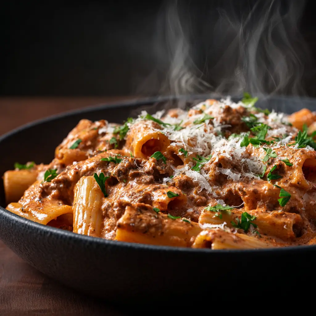A skillet showing the finished creamy beef pasta, with a wooden spoon stirring the rich sauce and tender noodles.