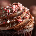 A close-up of a single peppermint mocha cupcake, showing the moist, dark chocolate crumb and the creamy texture of the peppermint buttercream frosting.