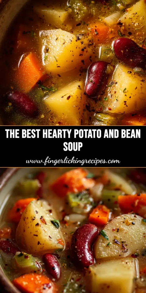 A cozy bowl of creamy potato and bean soup garnished with fresh parsley. A spoon is resting in the bowl, ready to eat this hearty and comforting dish.