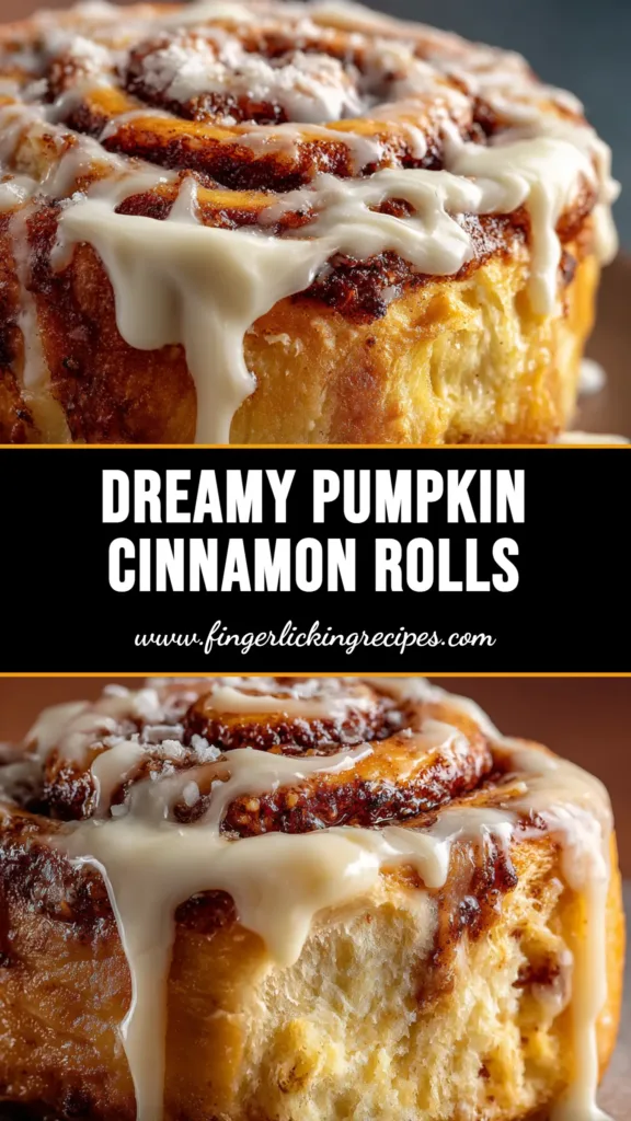 A pan of freshly baked, gooey pumpkin cinnamon rolls topped with a generous amount of cream cheese frosting, with one roll pulled slightly out to show the fluffy texture.
