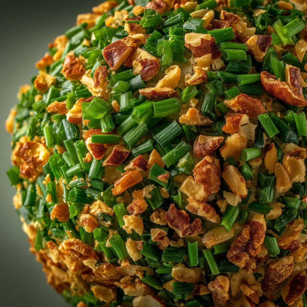 The firm cheese ball being rolled in a plate of finely chopped pecans, showing how to get the perfect nutty crust for this easy party appetizer.