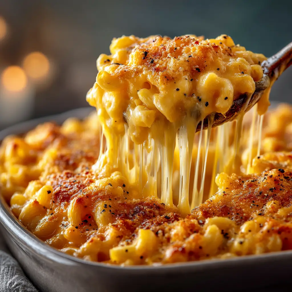 A close-up action shot of a spoon scooping slow cooker mac and cheese from the crockpot, showing off the gooey cheese pull.