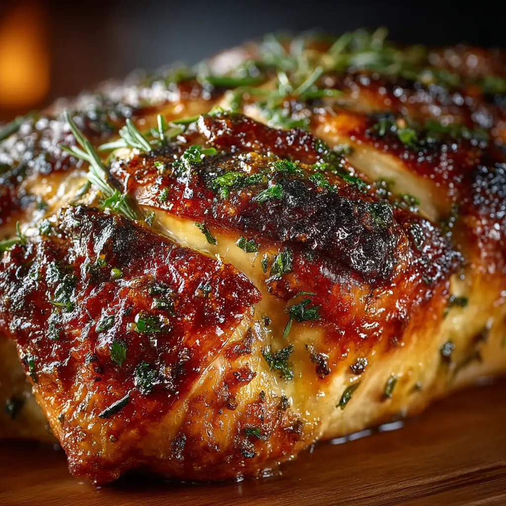A flattened, spatchcocked raw turkey on a wire rack, generously seasoned with herb butter before being placed in the oven to roast.