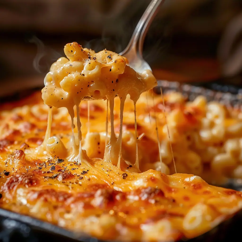 A large spoonful of cooked crockpot mac and cheese being lifted from the slow cooker, showing off its incredibly cheesy and creamy texture with a satisfying cheese pull.