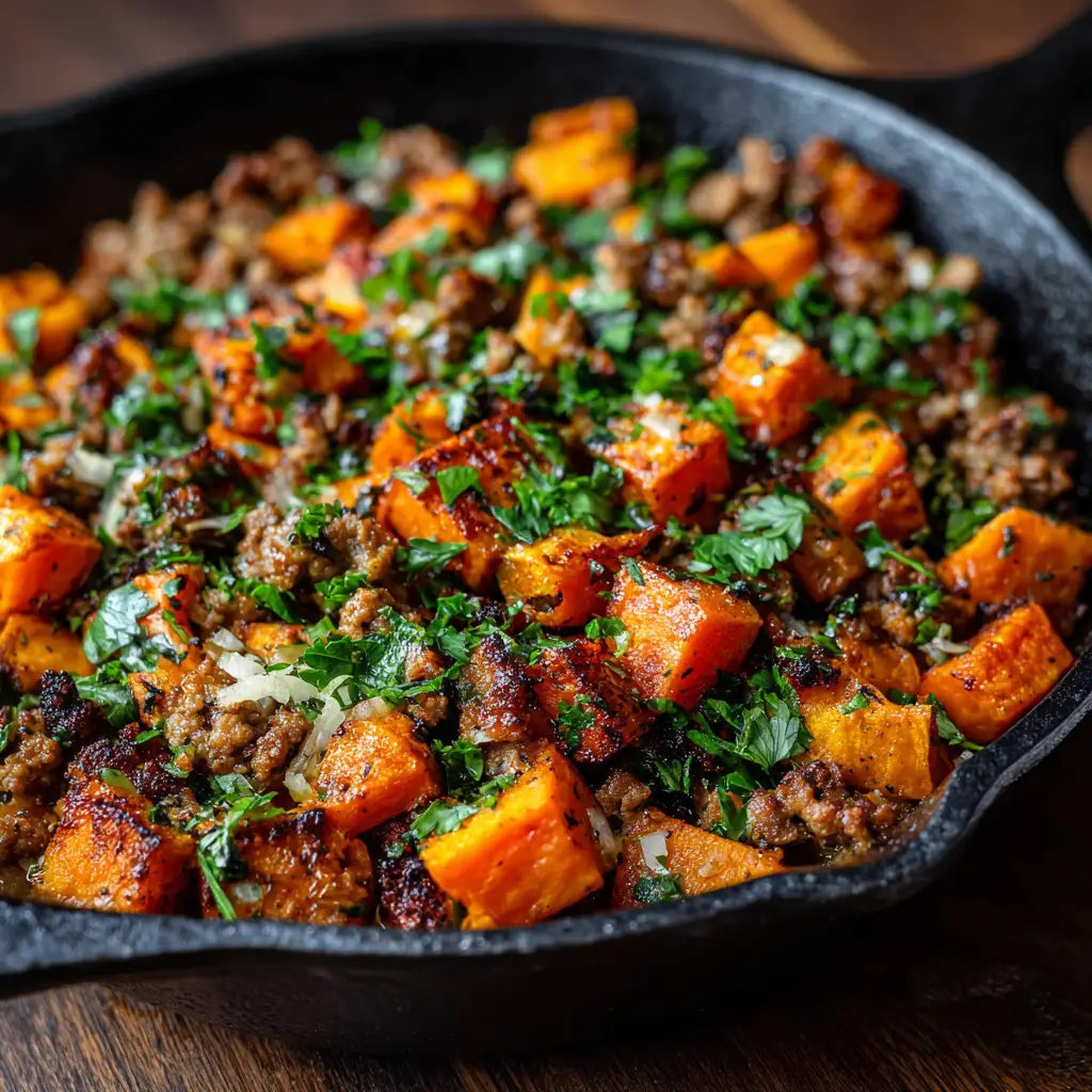 A single serving of the Ground Turkey Sweet Potato Bake on a white plate, ready to be eaten.